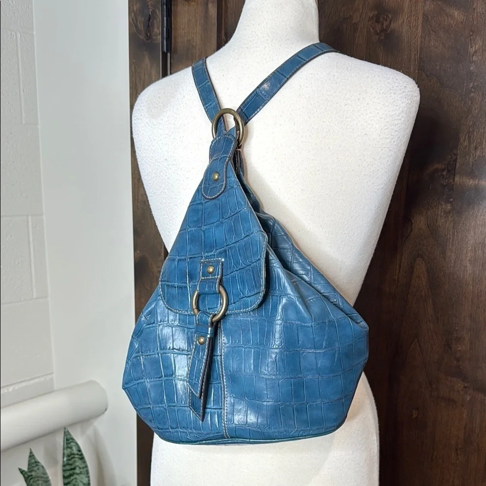 Nine West Blue Textured Women's Backpack blue alligator pattern w cheetah lining